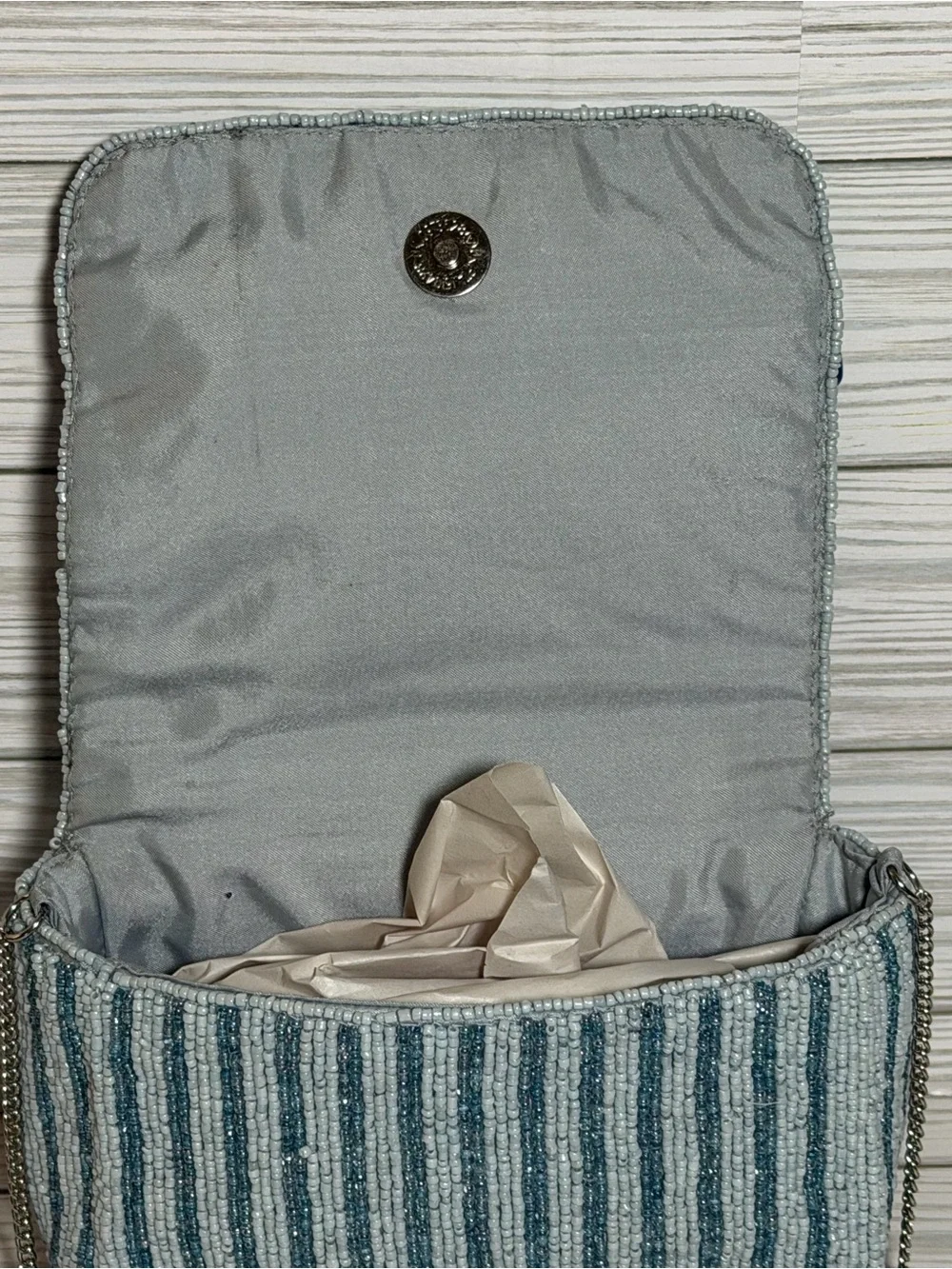 Viral Beaded Umbrella Crossbody Bag Blue Wht Chevron Seed Bead Chain Strap Purse